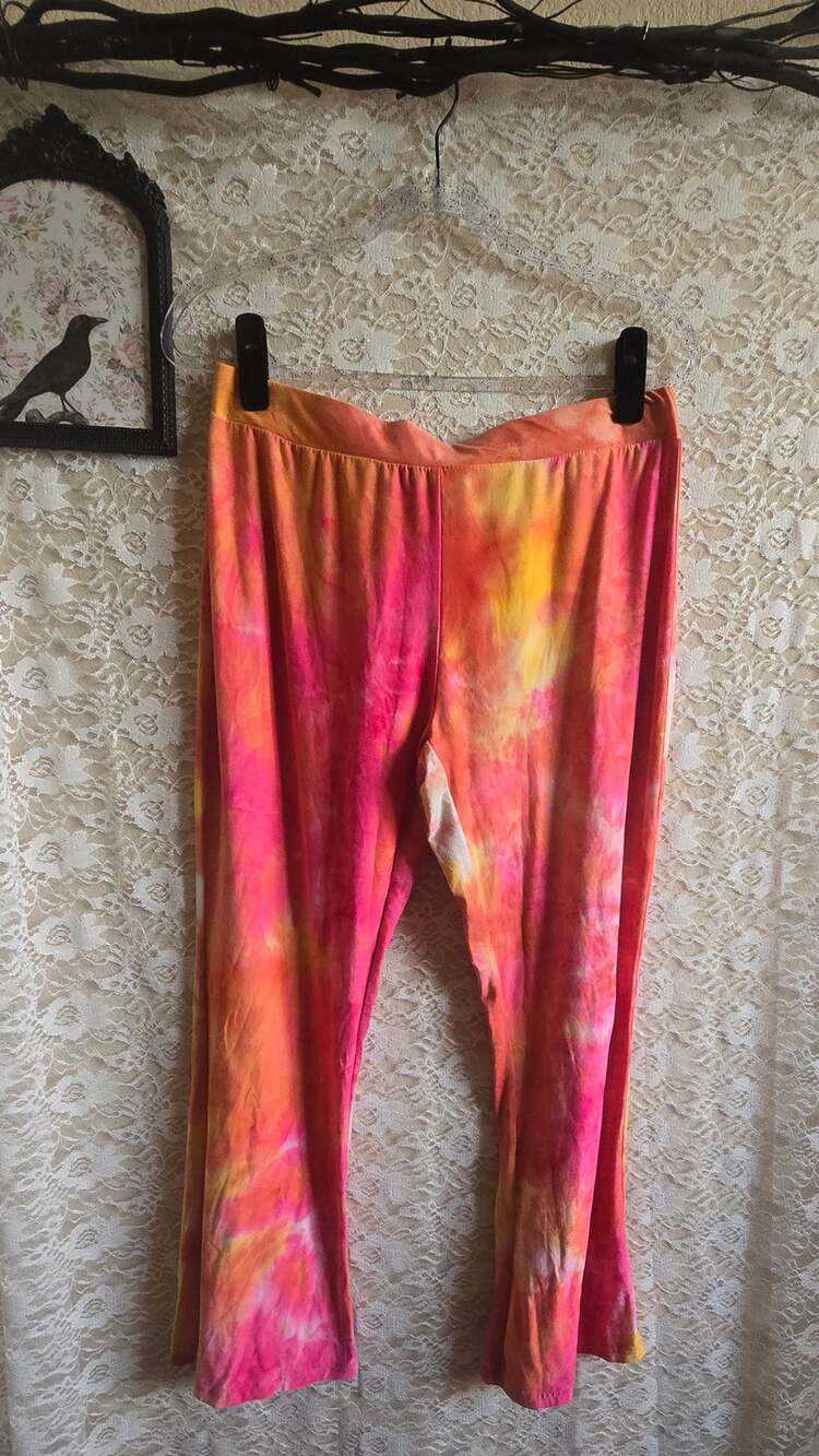 Rouge Collection Pink Orange Tie Dye Flare Pants Plus Size High Rise Lounge